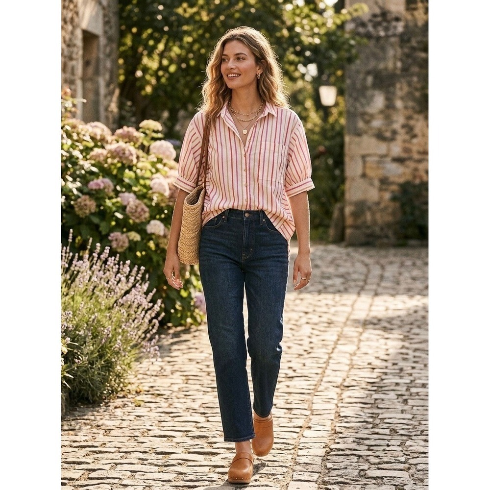 Pilcro Anthropologie Striped Puff Sleeve Button Down Shirt Pink Orange Medium